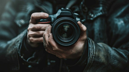 Close-up image showcasing hands gripping a professional camera. The person wears a dark leather jacket, conveying a stylish and serious approach to photography.の素材