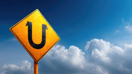 Vibrant yellow U-turn sign prominently displayed against a bright blue sky filled with soft clouds. Ideal for themes of travel and navigation.の素材