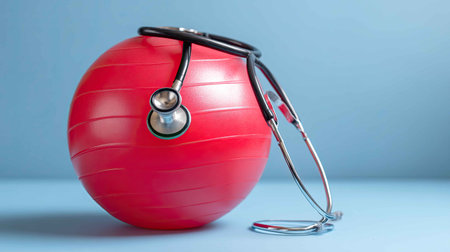 A vibrant red fitness ball paired with a stethoscope symbolizes the connection between fitness and health, representing wellness and physical therapy concepts.の素材