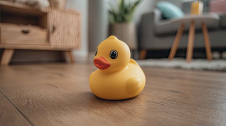 A charming yellow rubber duck sits on a wooden floor, enhancing the cozy ambiance of a modern living room. Perfect for evoking nostalgia and joy.の素材
