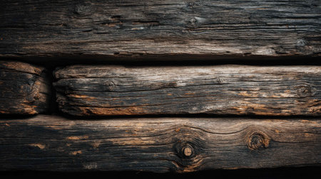 Close-up view of a textured dark wood surface showcasing natural grain patterns and knots, perfect for rustic and vintage design inspirations.の素材