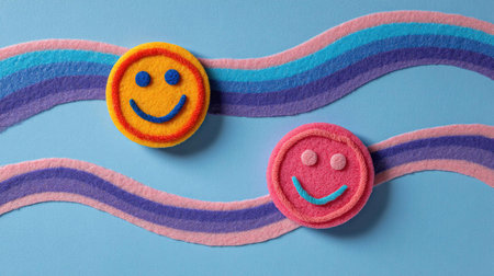This image features colorful smiley faces on a playful striped background. Ideal for projects needing a cheerful and vibrant touch, perfect for art and design.の素材