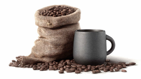 A rustic burlap sack filled with fresh coffee beans sits beside a black mug. The composition highlights the natural texture and warmth of coffee culture, perfect for showcasing kitchen or beverage themes.の素材