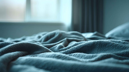 A close-up image of a soft blue blanket draped over a bed, illuminated by gentle natural light, creating a serene and inviting atmosphere perfect for relaxation.の素材