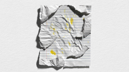 This image features a crumpled and torn piece of paper with yellow marks, creating an artistic and textured backdrop suitable for various designs.の素材