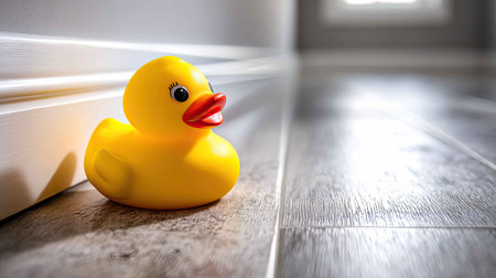 A charming yellow rubber duck rests on a wooden floor, creating a playful and happy ambiance in a bright room. Perfect for capturing childhood memories.の素材