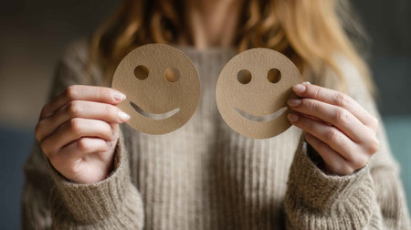 A woman in a cozy sweater holds two emotion cards, one happy and one neutral. This image captures feelings, expressions, and mental health awareness in a warm setting.の素材