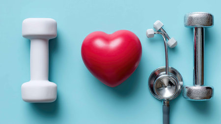 This image showcases a vibrant health and fitness theme with dumbbells, a heart, and a stethoscope, symbolizing wellness, exercise, and care.の素材