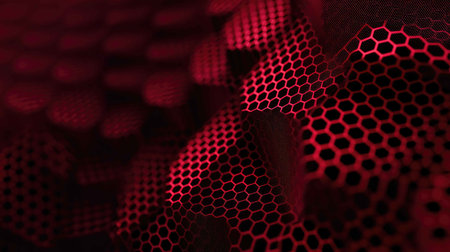 This captivating abstract image features a red honeycomb texture that evokes depth and dimension, perfect for creative projects, backgrounds, and design elements.の素材