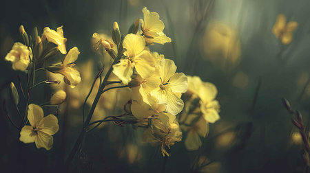 A stunning close-up of bright yellow flowers captured in gentle light. This serene scene highlights the delicate beauty of nature, perfect for evoking warmth and tranquility.の素材