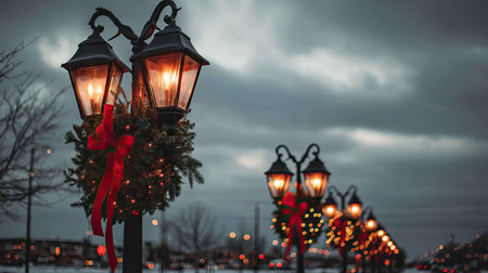 Charming street lamps decorated for the holidays create a warm, inviting atmosphere on a cool winter evening, enhancing the festive spirit.の素材