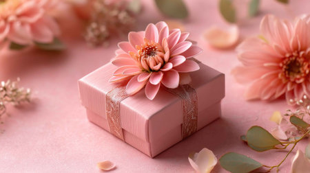 An elegant pink gift box adorned with a beautiful flower sits on a soft pink background, creating a perfect visual for celebrations and special occasions.の素材