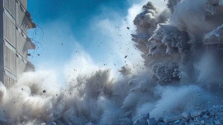 A powerful demolition scene captures dust and debris exploding into the air as a building collapses. The image showcases the transition of urban landscapes impacted by industrial activities.の素材