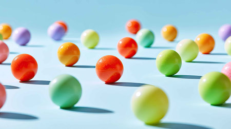 Bright and colorful glossy balls scattered on a light blue background create a playful and cheerful atmosphere. Perfect for artistic themes or child-focused projects.の素材