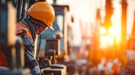 A construction worker wearing a safety helmet observes machinery at sunset on a job site, showcasing dedication in the industrial field while ensuring safety practices.の素材