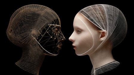 This striking 3D illustration features two wireframe human faces in profile on a black background, showcasing a blend of art and technology through abstract design.の素材