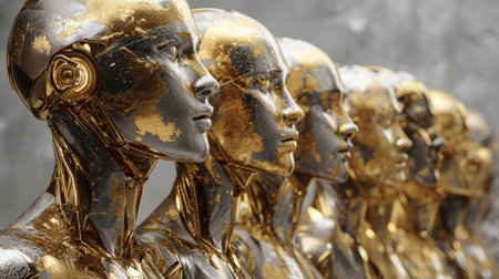 A striking display of gold robotic figures lined up in perfect symmetry, showcasing modern technology and artistic innovation in a sleek, metallic design.の素材