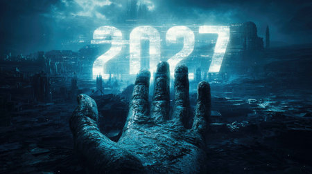 A striking futuristic landscape featuring a large digital hand reaching out, with the year 2027 prominently displayed. The scene blends elements of technology and surrealism, creating an imaginative and thought-provoking atmosphere.の素材