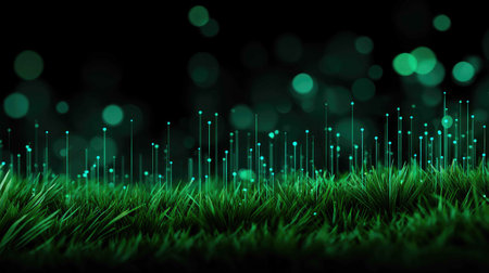 This stunning image features lush green grass illuminated by sparkling bokeh lights on a dark backdrop, creating a serene and vibrant atmosphere ideal for nature-themed projects.の素材
