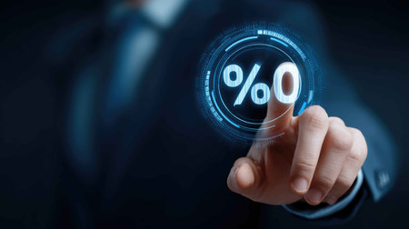 A businessman engages with a futuristic digital interface featuring a percentage symbol, symbolizing finance, growth, and technological interaction in modern business.の素材
