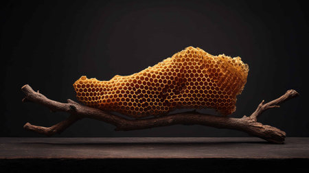A rustic honeycomb resting on a branch, showcasing its intricate hexagonal pattern against a dark backdrop, capturing the essence of nature's sweetness and craftsmanship.の素材