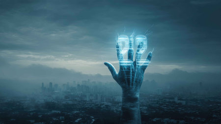 A surreal image of a hand extending towards a futuristic city skyline with digital numbers projected above. The scene evokes themes of technology and connection.の素材