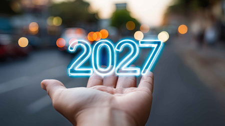 A close-up of a hand presenting the neon year 2027, set against a beautiful blurred urban background. This image symbolizes hope and optimism for the future.の素材