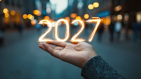 A hand extends palm-up, showcasing the year 2027 formed by brilliant sparklers, set against a lively urban backdrop filled with joyful lights.の素材