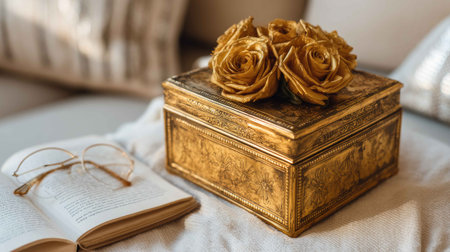 A beautiful golden box adorned with exquisite roses sits elegantly on a cozy surface, perfect for adding a touch of charm and luxury to any setting.の素材