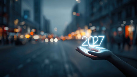 A conceptual image showcasing the year 2027, depicted through glowing text held in a hand, set against a vibrant urban night scene filled with colorful bokeh lights.の素材