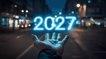 A captivating image featuring a hand reaching toward a glowing neon number 2027, symbolizing future aspirations in a vibrant urban night scene filled with energy and possibilities.の素材