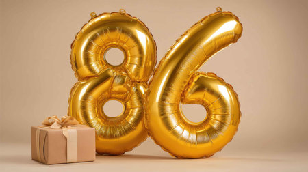 Festive golden balloons shaped as the number 86 stand beside an elegantly wrapped gift box. Perfect for celebrations, birthdays, and anniversaries.の素材