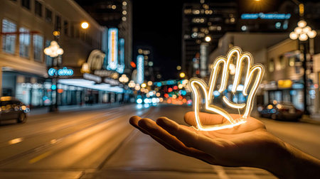 An artistic image of a glowing hand symbol captured on a vibrant city street at night, highlighting urban energy and creativity with a beautiful bokeh background.の素材