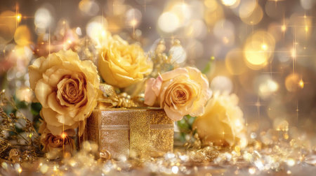 A stunning golden gift box adorned with beautiful yellow roses and sparkling lights, creating an enchanting atmosphere perfect for any celebration or special occasion.の素材