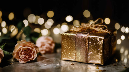 A beautiful gold gift box with a shimmering finish is surrounded by delicate roses and soft bokeh lights, creating an elegant and festive atmosphere perfect for celebrations.の素材