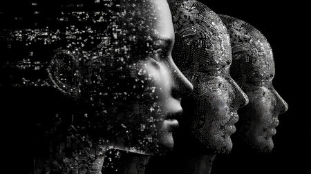 This striking image features three futuristic mannequins showcasing a blend of technology and artistry. The intricate details represent the intersection of humanity and digital innovation.の素材