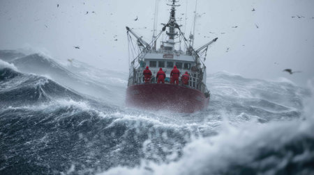 A fishing vessel braves tumultuous waves during a fierce storm, showcasing the struggle of sailors against nature's fury, emphasizing resilience and adventure.の素材