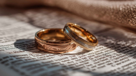 Two beautiful gold wedding rings resting on an old book page, illuminated by soft light, symbolizing love, commitment, and timeless romance.の素材