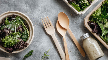 This image features a fresh green salad accompanied by wooden cutlery and a jar of dressing on a gray surface, perfect for healthy meal inspiration.の素材
