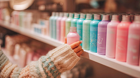 A cozy indoor scene featuring a hand reaching for vibrant, pastel-colored bottles on a shelf. Captures the essence of beauty and personal care shopping.の素材