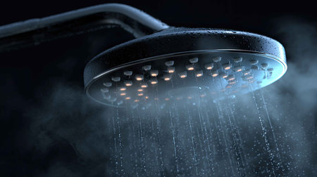 This detailed close-up showcases a modern showerhead releasing water droplets amidst steam, creating a tranquil atmosphere perfect for promoting relaxation and cleanliness.の素材