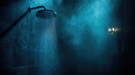 A captivating scene of a water shower cascading in a misty bathroom provides a serene atmosphere. The soft blue lighting enhances tranquility, creating a perfect oasis of calm.の素材