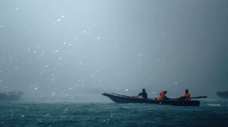 Fishermen navigate their small boat through heavy rain and fog, showcasing the challenges of working at sea. The image captures a dramatic atmosphere of perseverance and nature's power.の素材