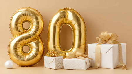 Celebrate a milestone birthday with golden balloons and wrapped gifts. Perfect for an 80th birthday event, this elegant setup exudes joy and festivity.の素材