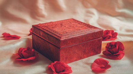 A stunning red decorative box sits gracefully among scattered rose petals, creating a romantic and elegant atmosphere perfect for gifts or special occasions.の素材