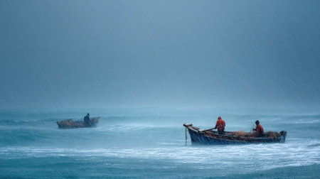 Two fishermen in bright jackets navigate boats through a stormy sea, battling rain and waves. This dramatic coastal scene emphasizes resilience against nature's fury.の素材