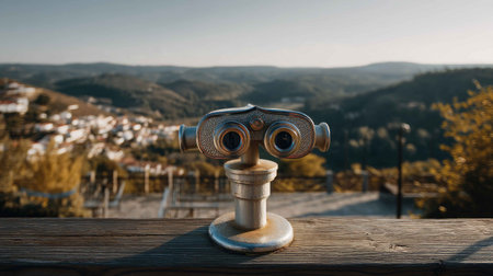 A vintage-style binoculars positioned on a wooden rail, capturing breathtaking views of rolling mountains and tranquil valleys, perfect for explorers and adventurers.の素材