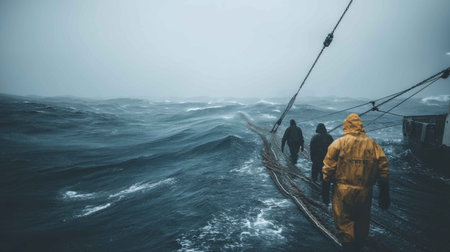 Hardy fishermen navigate tumultuous waves on their vessel during a storm. The scene captures the raw power of nature and the resilience of hard work at sea.の素材