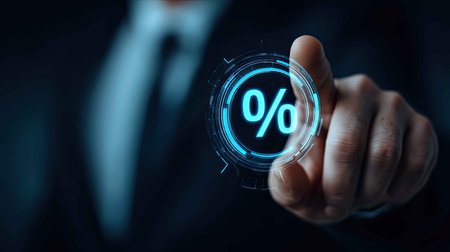 A businessman interacts with a digital percentage symbol, representing financial analytics and modern technology in a corporate setting. The image showcases innovation and data-driven strategies.の素材