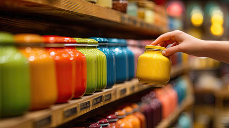 A close-up view of a hand reaching for a bright yellow jar among an array of colorful jars on a wooden shelf, showcasing vibrant storage options in a retail environment.の素材